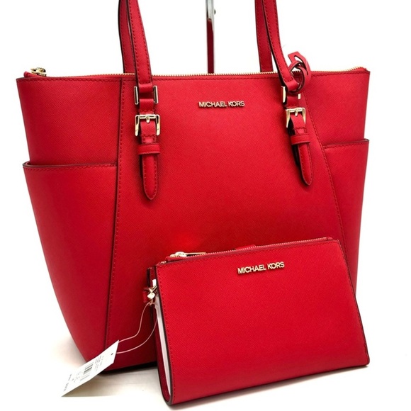 Michael Kors Large Charlotte Tote Bag & Large Double Zip Wallet Bright Red (NWT) - Picture 1 of 13